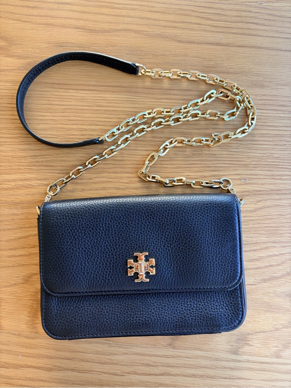 Tory Burch Black Pebbled Leather Crossbody with Gold Chain